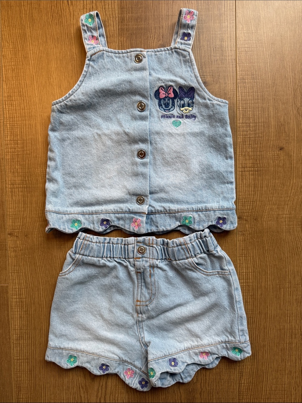 Disney Light Blue Denim Minnie & Daisy Embroidered Shorts Set